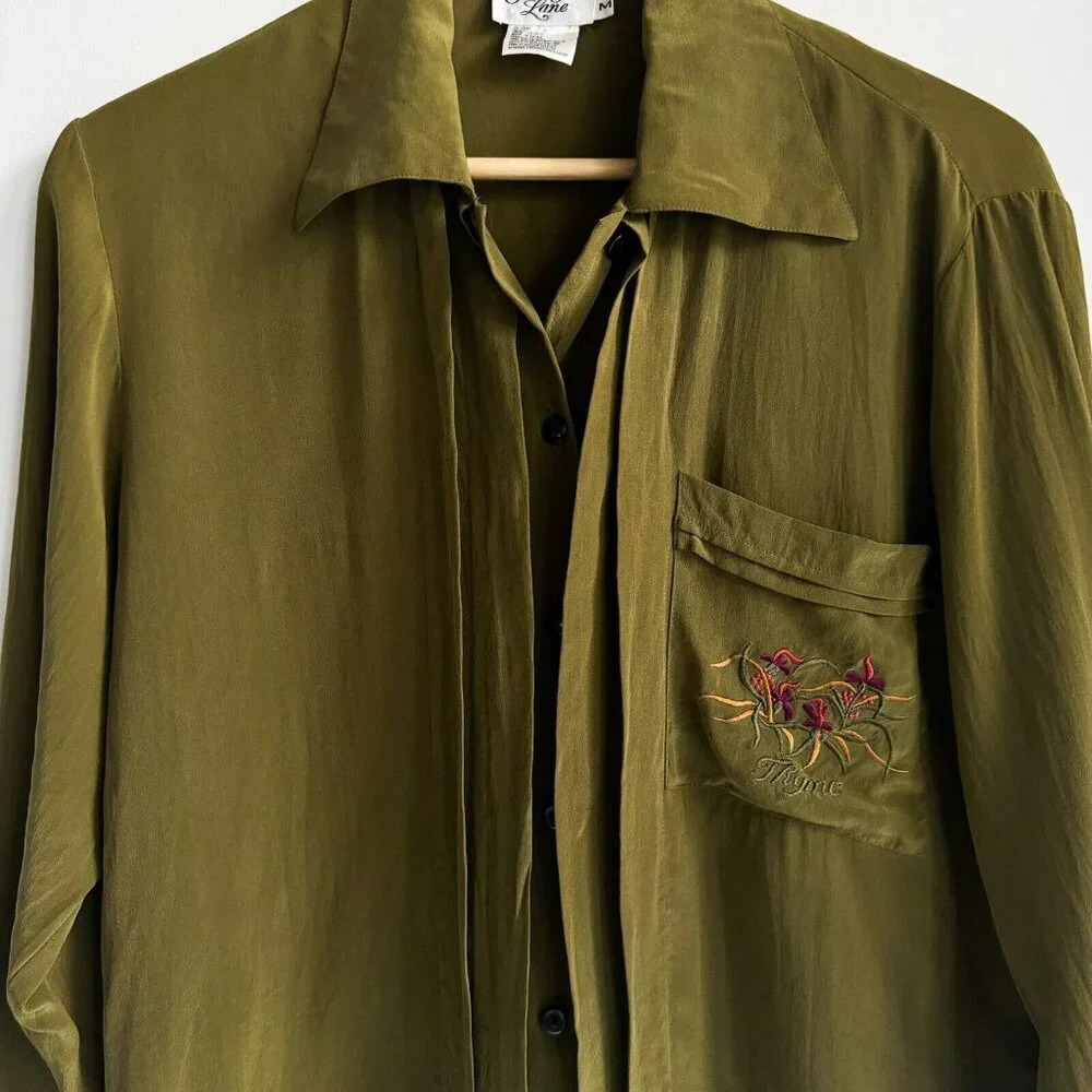 Vintage Jennifer Lane Olive Green Silk floral embroidered Long Sleeve M Shirt - Picture 7 of 7